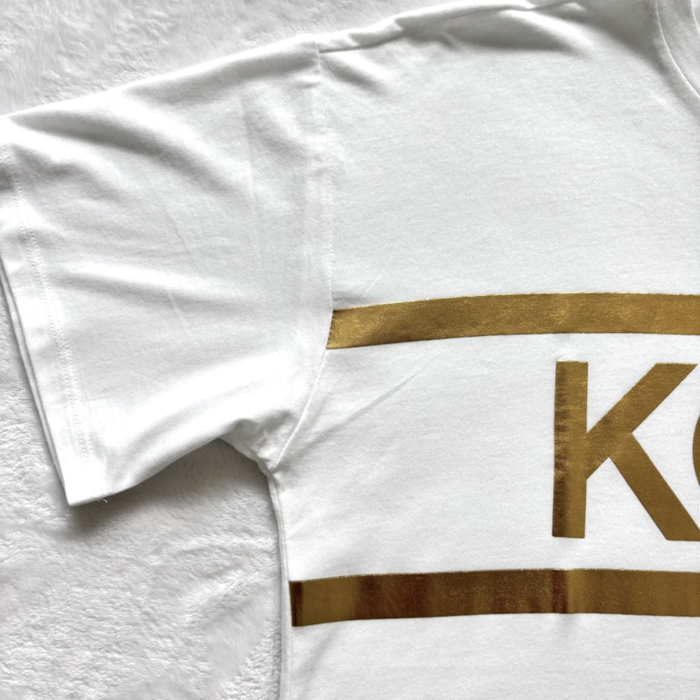 MICHAEL KORS White Gold Foil Cropped Short Sleeve Logo T-Shirt--NWT--S - Picture 7 of 15